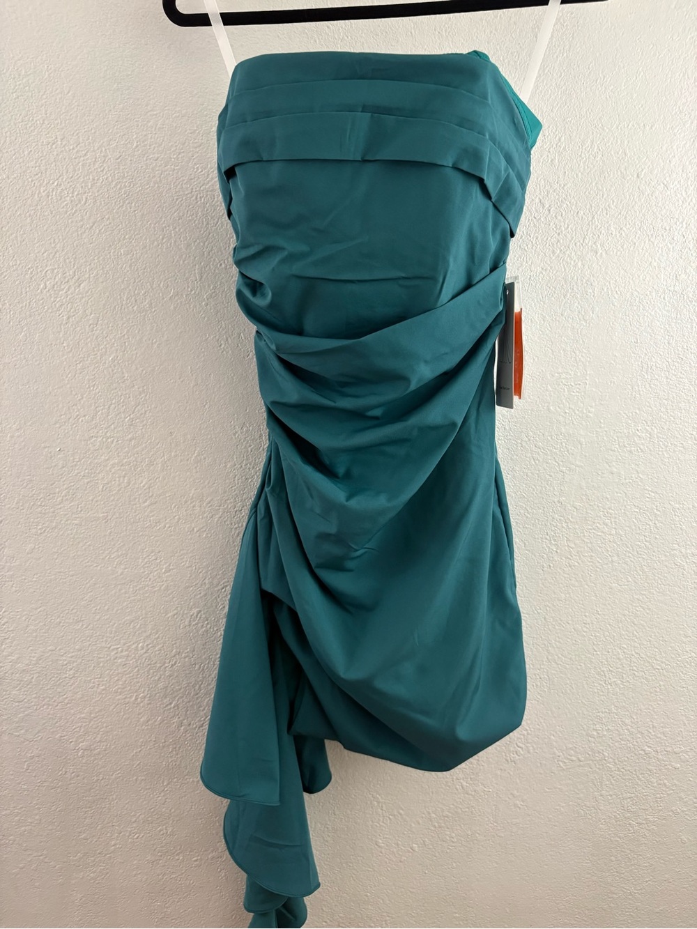 Wear your Love teal satin dress strapless elegant draping and a cascade skirt S